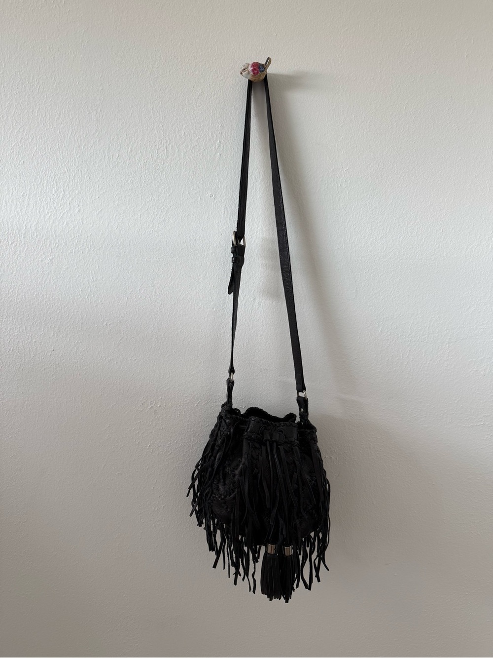Sam Edelman Black Fringe Crossbody Bucket Bag - Women's Fashion